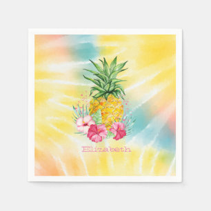 Pineapple,Hibiscus Watercolor Rainbow Tie Dye Napkins