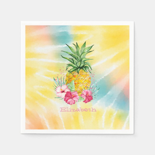  Pineapple,Hibiscus Watercolor Rainbow Tie Dye  Napkins (Front)