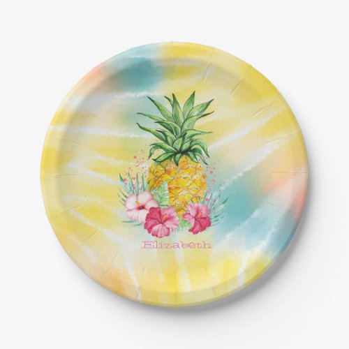  PineappleHibiscus Watercolor Rainbow Tie Dye  Paper Plates