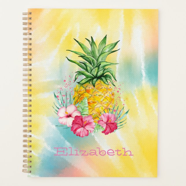  Pineapple,Hibiscus Watercolor Rainbow Tie Dye  Planner (Front)