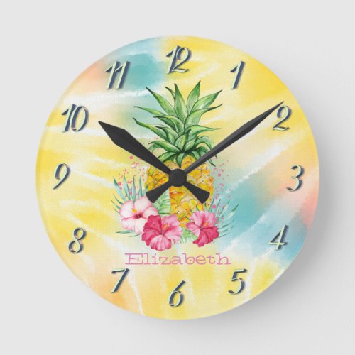  PineappleHibiscus Watercolor Rainbow Tie Dye  Round Clock