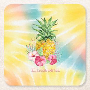 Pineapple,Hibiscus Watercolor Rainbow Tie Dye  Square Paper Coaster