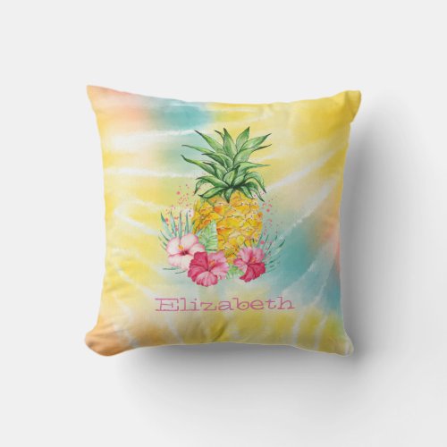  PineappleHibiscus Watercolor Rainbow Tie Dye   Throw Pillow