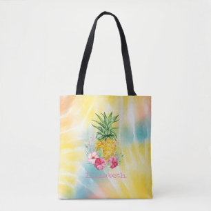 Pineapple,Hibiscus Watercolor Rainbow Tie Dye Tote Bag