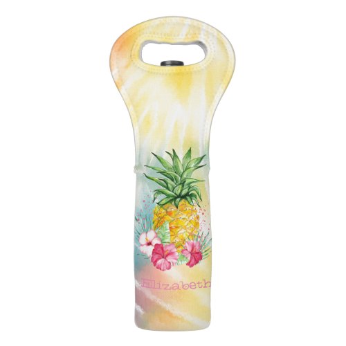  PineappleHibiscus Watercolor Rainbow Tie Dye   Wine Bag