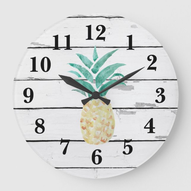 Pineapple Illustration Decor Rustic Shiplap Large Clock (Front)