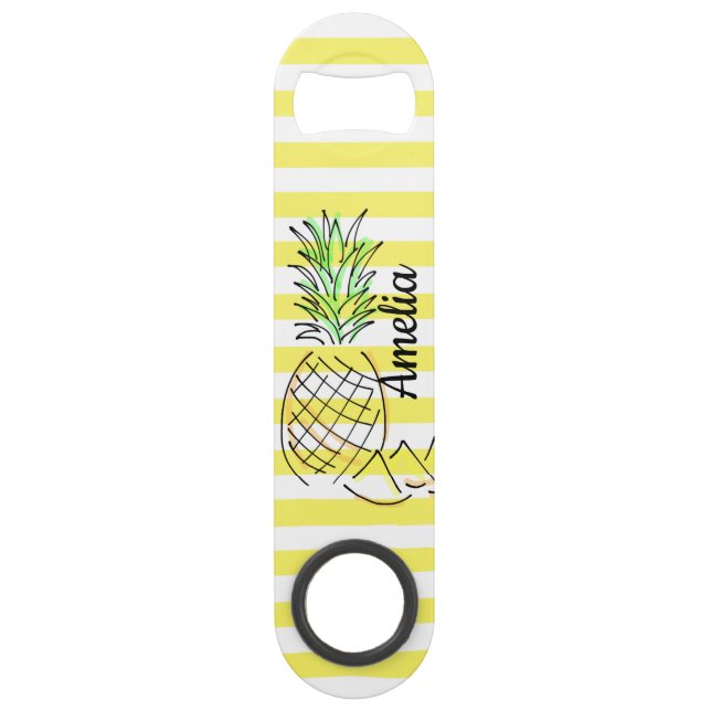 Pineapple Illustration Yellow Stripes Summer Bar Key (Front)