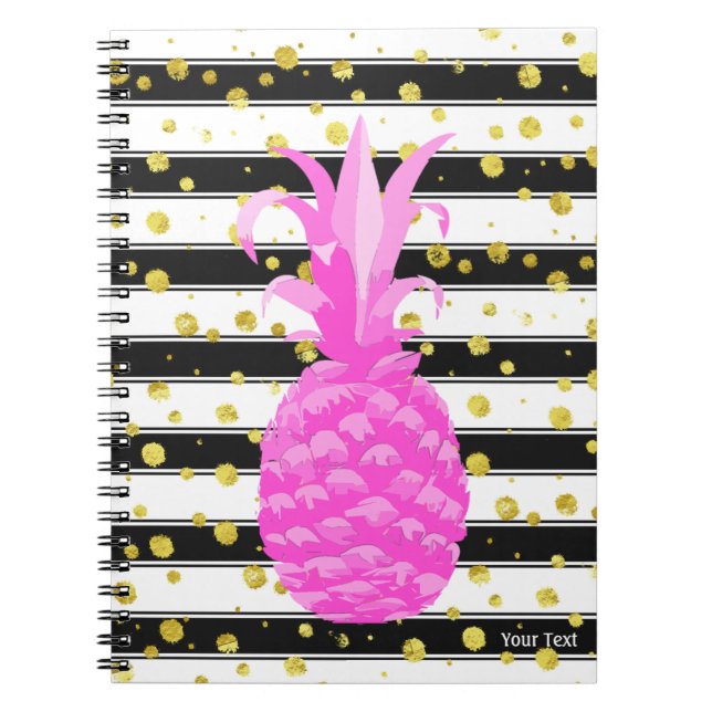 Pineapple in Hot Pink w/ Stripes & Gold Dots Notebook (Front)
