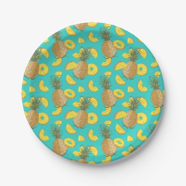 Pineapple In Turquoise Color Paper Plates (Front)