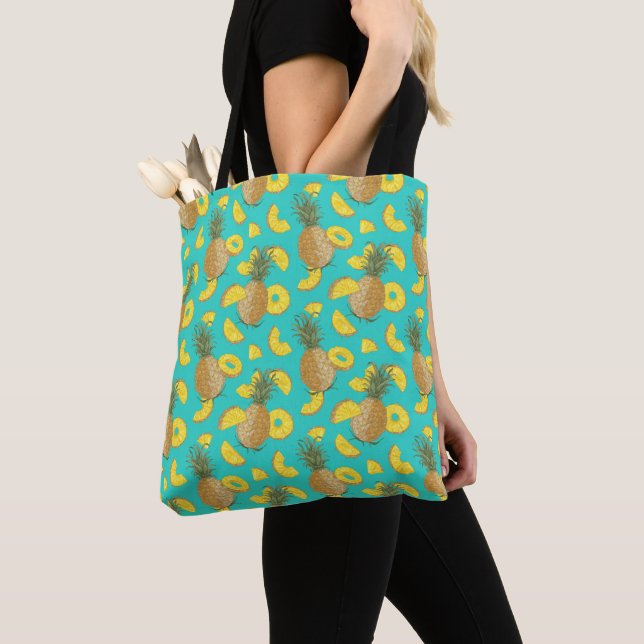 Pineapple In Turquoise Color Tote Bag (Close Up)