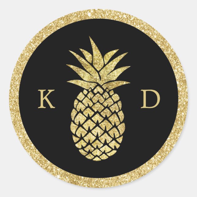 Pineapple Initials Tropical Wedding Gold Glitter Classic Round Sticker (Front)