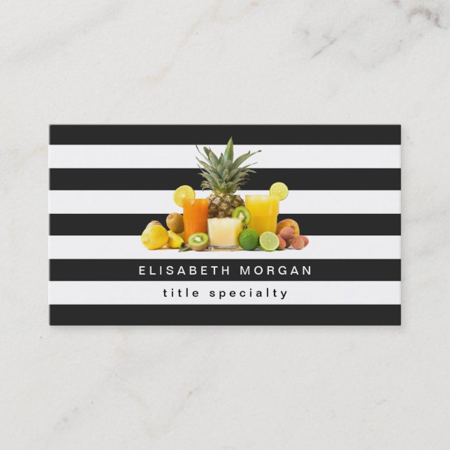 Pineapple Kiwi Fruits Juice - Black White Stripes Business Card (Front)