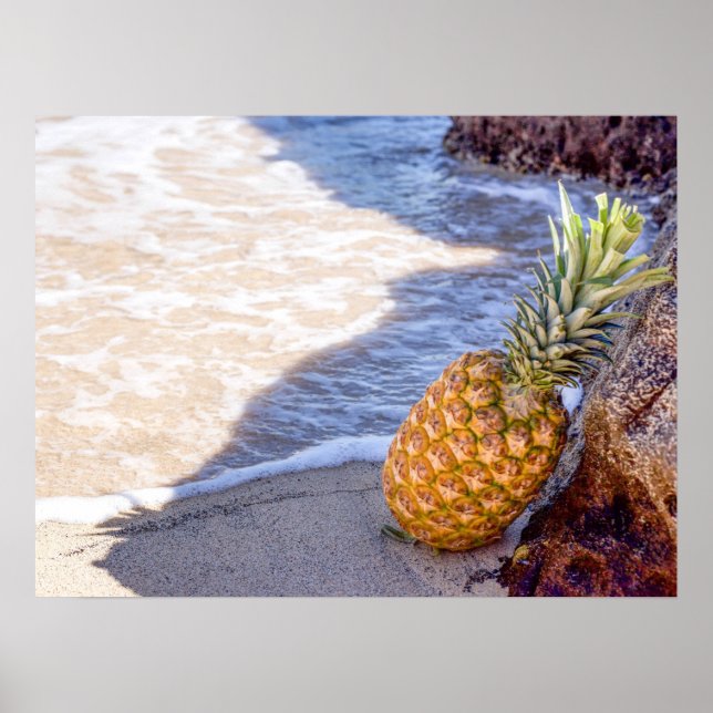 Pineapple Leaning on Rocks at the Beach Poster (Front)