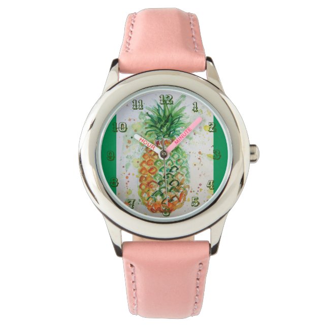 Pineapple Lime Tropical Fruit Watercolor Art Green Watch (Front)