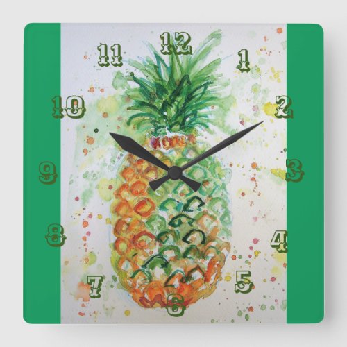 Pineapple Lime Tropical Fruit Watercolor Art Squar Square Wall Clock