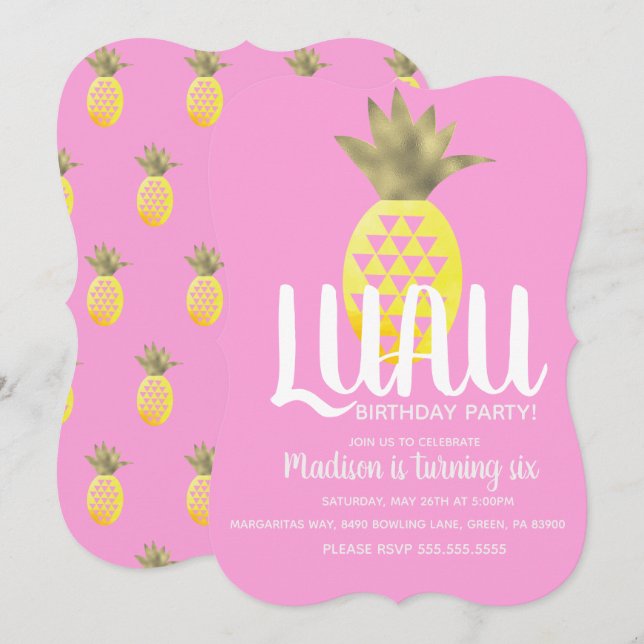 Pineapple LUAU Birthday Party Any Age Foil Invitation (Front/Back)