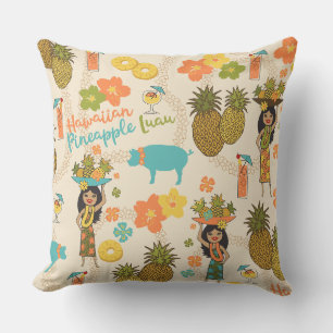 Pineapple Luau Hawaiian Hula Girl and Surfboards Outdoor Pillow