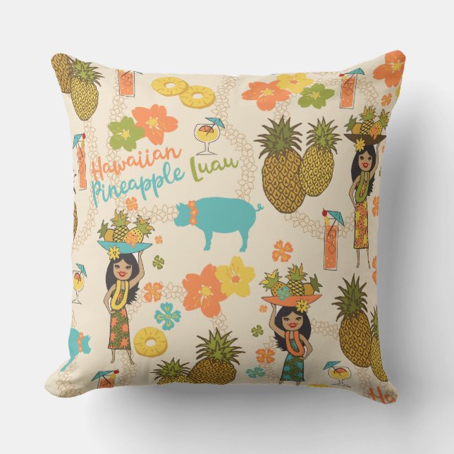 Pineapple Luau Hawaiian Hula Girl and Surfboards Outdoor Pillow (Front)