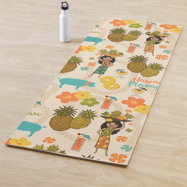 Pineapple Luau Hawaiian Hula Girl and Surfboards Yoga Mat (In Situ)