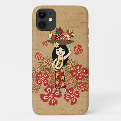 Pineapple Luau Hawaiian Hula Girl Faux Wood iPhone 11 Case