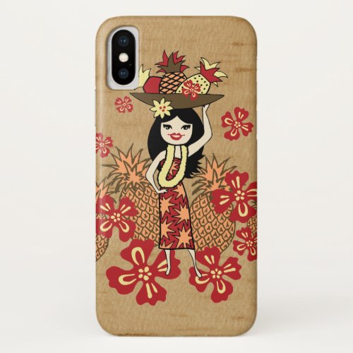 Pineapple Luau Hawaiian Hula Girl Faux Wood iPhone X Case