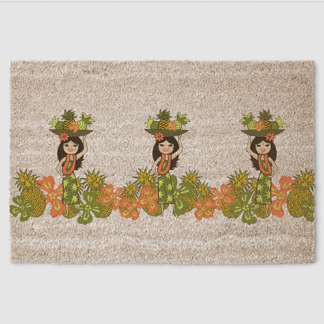 Pineapple Luau Hawaiian Hula Girl  Fiber Doormat (Front)
