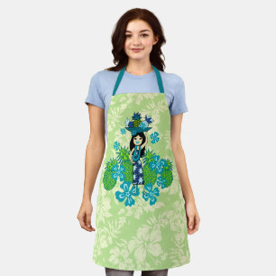 Pineapple Luau Hawaiian Hula Girl Lime Green Apron