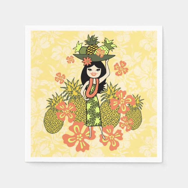 Pineapple Luau Hawaiian Hula Girl Paper Napkins (Front)