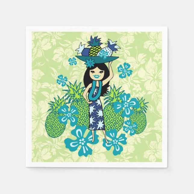 Pineapple Luau Hawaiian Hula Girl Paper Napkins (Front)