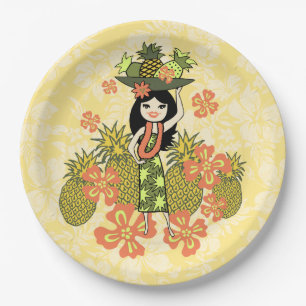 Pineapple Luau Hawaiian Hula Girl Paper Plates