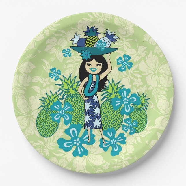 Pineapple Luau Hawaiian Hula Girl Paper Plates (Front)