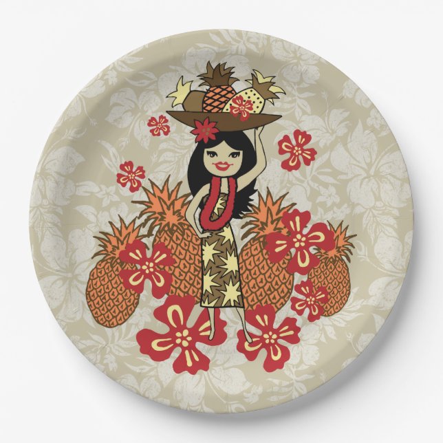Pineapple Luau Hawaiian Hula Girl Paper Plates (Front)