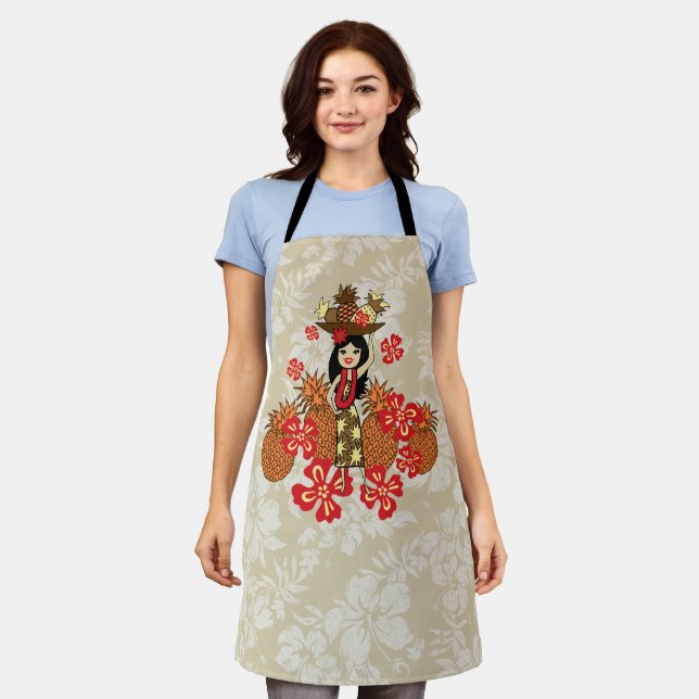 Pineapple Luau Hawaiian Hula Girl Red Apron (Worn)