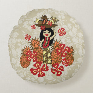 Pineapple Luau Hawaiian Hula Girl Reversible Round Pillow