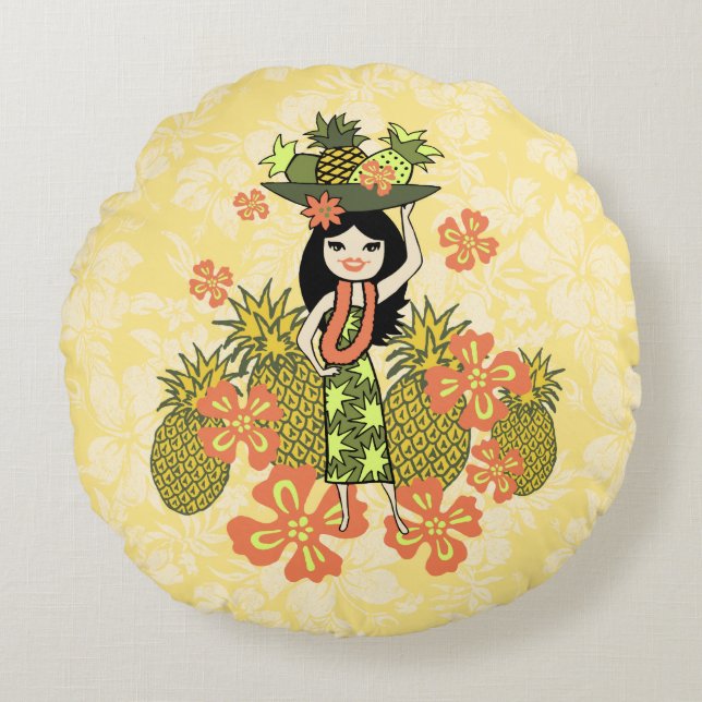 Pineapple Luau Hawaiian Hula Girl Reversible Round Pillow (Front)