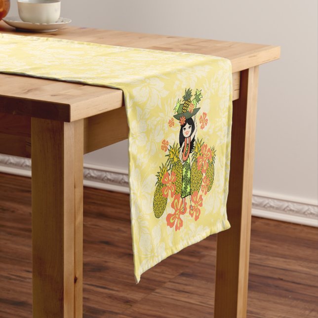 Pineapple Luau Hawaiian Hula Girl Short Table Runner (In Situ)
