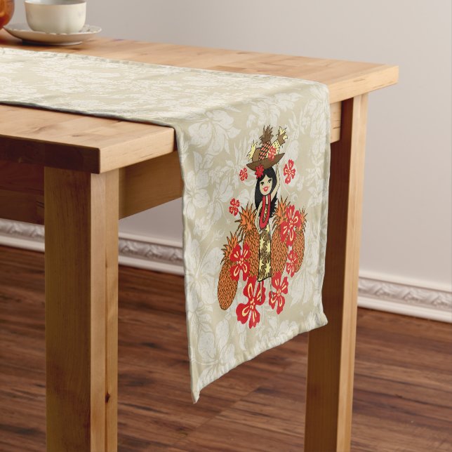 Pineapple Luau Hawaiian Hula Girl Short Table Runner (In Situ)