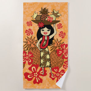 Pineapple Luau Hawaiian Hula Girl Tangerine Beach Towel