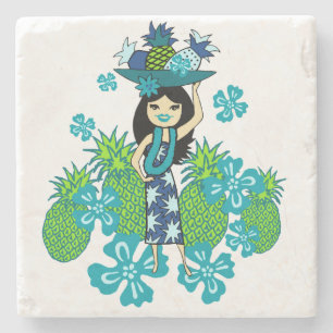 Pineapple Luau Hawaiian Hula Girl Tiki Bar Coaster