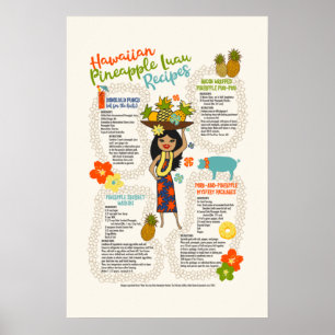 Pineapple Luau Hawaiian Hula Girl Vintage Recipes Poster