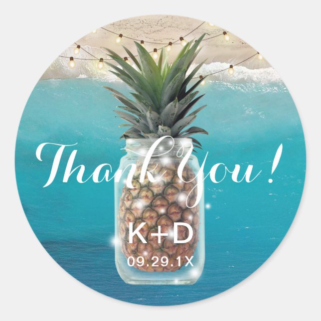 Pineapple Mason Jar Beach Wedding Thank You Classic Round Sticker (Front)