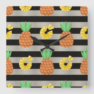 Pineapple Modern Black & White Stripes Square Wall Clock