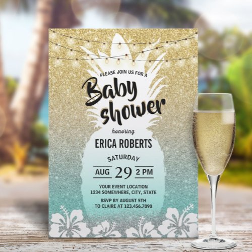 Pineapple Modern Gold Teal Tropical Baby Shower Invitation