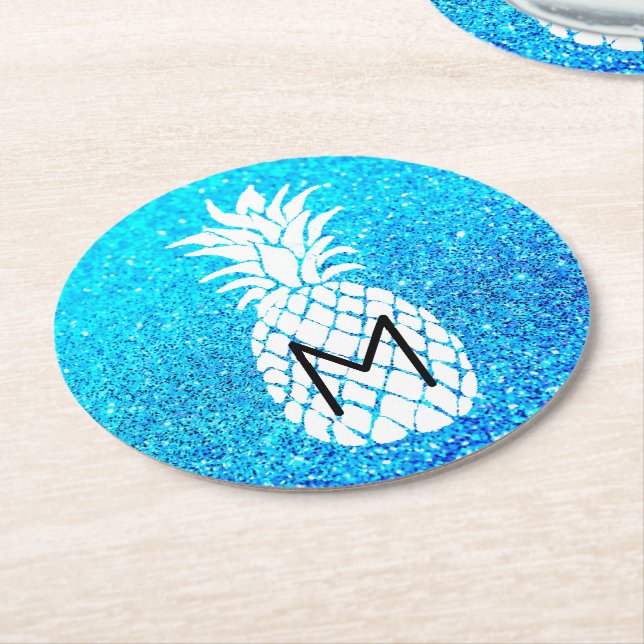 pineapple monogram on faux blue glitter round pape round paper coaster (Angled)
