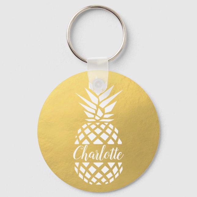 Pineapple Monogrammed gold custom name Keychain (Front)