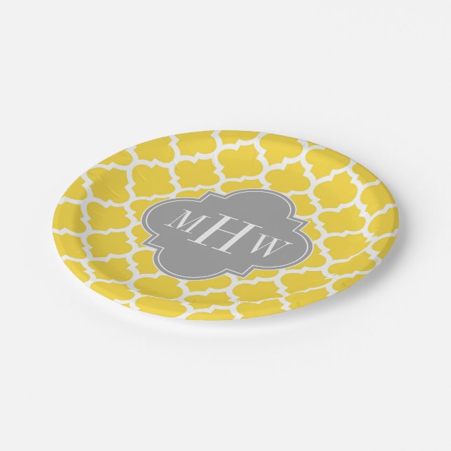 Pineapple Moroccan #5 Dk Gray 3 Initial Monogram Paper Plates (Angled)