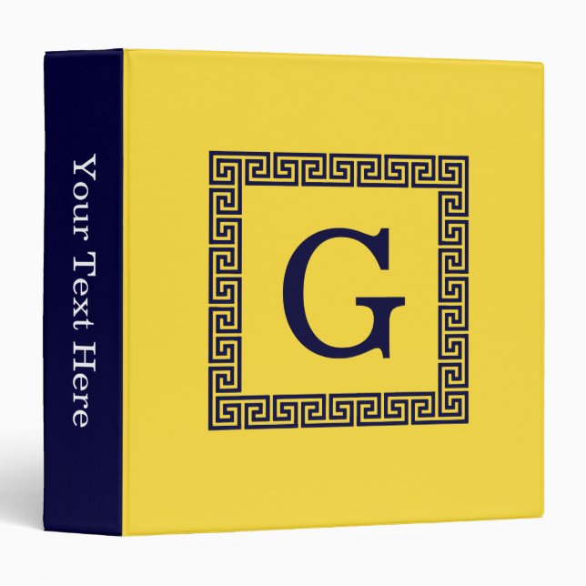 Pineapple, Navy Blue Greek Key #1 Framed Monogram 3 Ring Binder (Front/Spine)