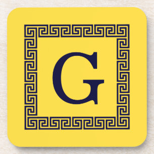 Pineapple, Navy Blue Greek Key #1 Framed Monogram Beverage Coaster