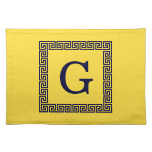 Pineapple, Navy Blue Greek Key #1 Framed Monogram Cloth Placemat