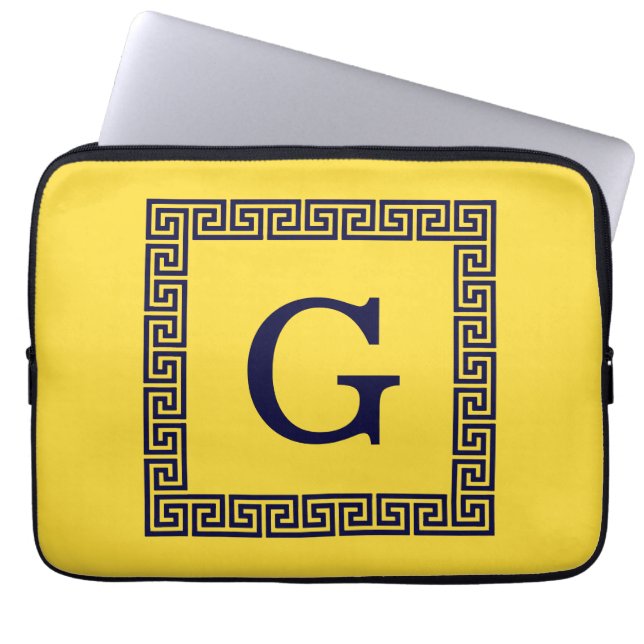Pineapple, Navy Blue Greek Key #1 Framed Monogram Laptop Sleeve (Front)
